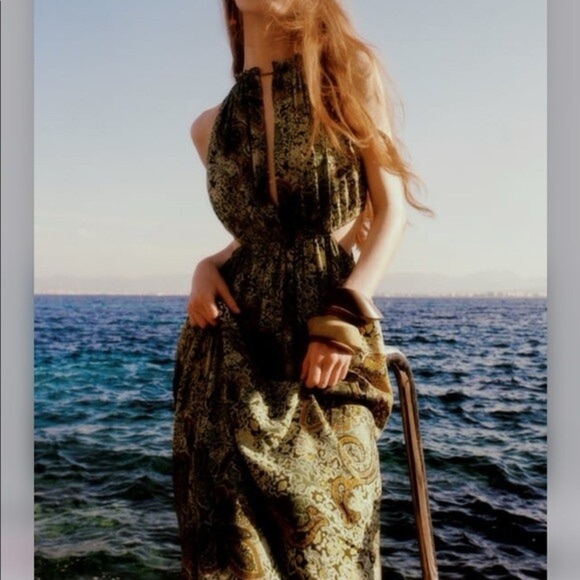 Zara Green Paisley Cutout Dress Size Large - Picture 3 of 13